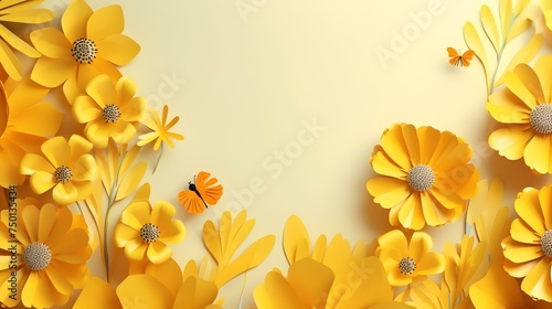 Spring summer yellow background with cut paper