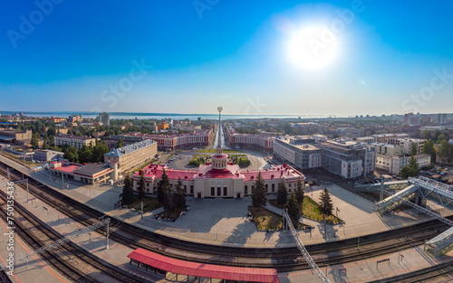 Aerial top view to railway station st. Petrozavodsk-Passenger. Building are on Gagarin square and Lenin Avenue in center of city in sunny summer day. Petrozavodsk city is capital of Karelia. Russia