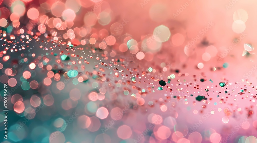 Blurred bokeh circle lights. Abstract color gradient raspberry, pink and peach background with glitter. Cover, banner, photorealism. Holiday concept.