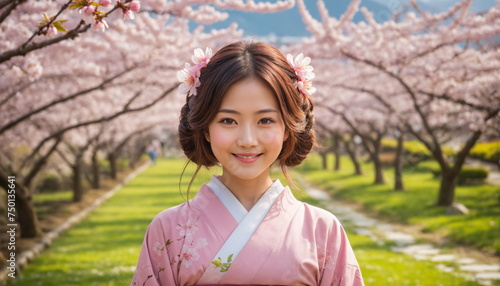 Cherry Blossom Enchantment: Elegant Woman Amidst Springtime Serenity