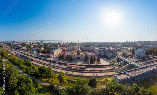 Aerial top view to railway station st. Petrozavodsk-Passenger. Building are on Gagarin square and Lenin Avenue in center of city in sunny summer day. Petrozavodsk city is capital of Karelia. Russia