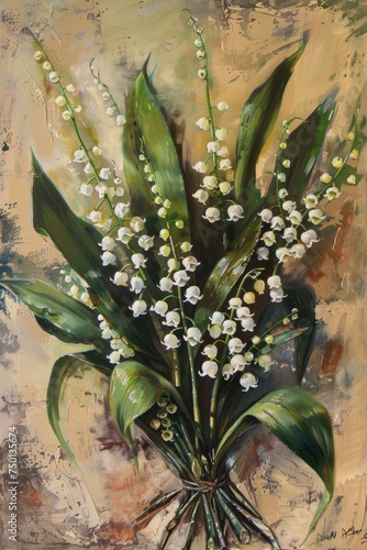 An expressive oil painting capturing the delicate beauty of a Lily of the Valley bouquet against a textured  abstract background