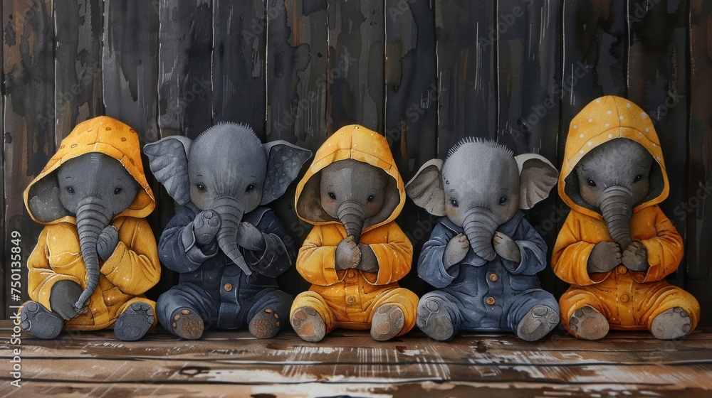 Fototapeta premium a group of three elephants sitting next to each other on top of a wooden floor in front of a fence.