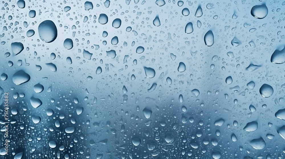 Raindrops create a natural pattern on window glass, set against a cloudy background, offering a serene yet dynamic scene.