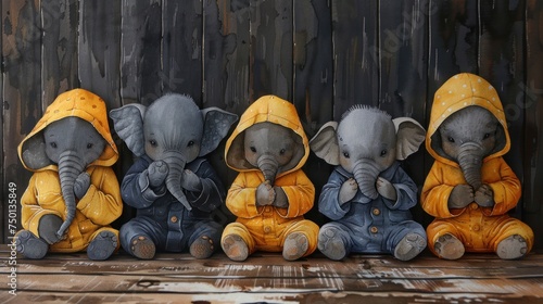 a group of three elephants sitting next to each other on top of a wooden floor in front of a fence.
