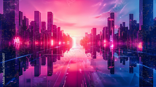 Futuristic city background with neon lights and skyscrapers  evoking a vibrant urban night scene that merges technology and architecture in a digital age