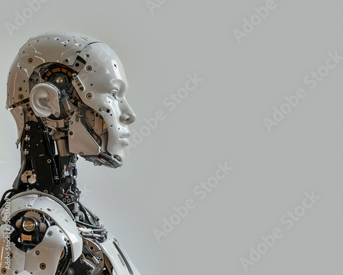 Portrait of a cyborg woman, robot head on a gray background. Concept of technology, science, robotics, artificial intelligence. Copy space for text, message, logo, advertising 