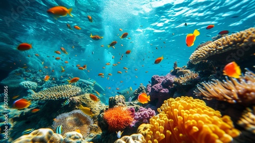 artificial intelligence image of a coral reef, with beautiful colors and even more beautiful wildlife and fish © Sndor