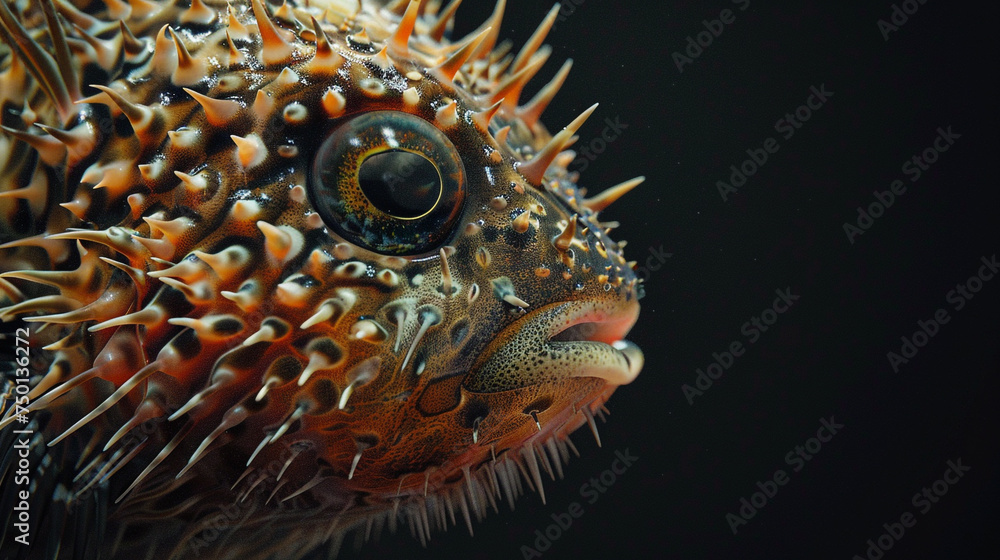 A close-up of a freshwater pufferfish, its intricate patterns and spiky appearance showcased against a solid ebony black background. A close-up of a freshwater pufferfish, its intricate patterns and spiky appearance showcased against a solid ebony black background.