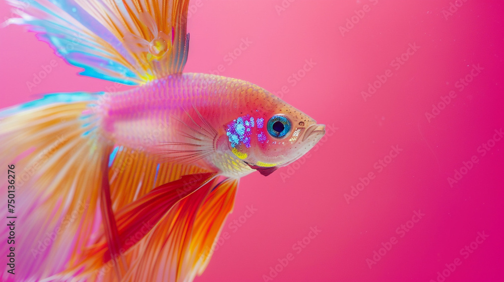 Fototapeta premium A close-up of a lively guppy fish, its colorful tail and fins on full display against a solid fuchsia background.