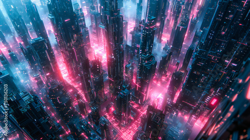 Futuristic City at Night, Urban Skyline with Digital Connections, Concept of Technology and Speed in Modern Business