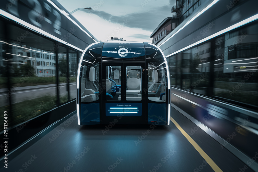 Self driving bus. Autonomous bus driving in city. Future Electric passenger buse. Self-driving passenger electric bus. Public electric E-bus. Driverless bus line with 5g autonomous driving buses. - obrazy, fototapety, plakaty 