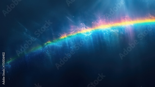 A black background is adorned with a dramatic rainbow light effect. 