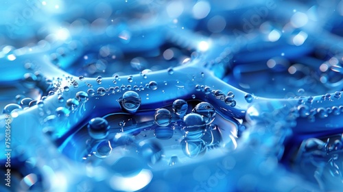 a close up view of water bubbles and bubbles on the surface of a blue liquid filled with drops of water. photo