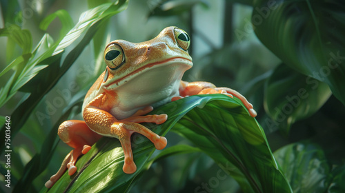 A close-up of a wise old tree frog clinging to a vibrant green leaf in a tropical rainforest, surrounded by lush foliage.
