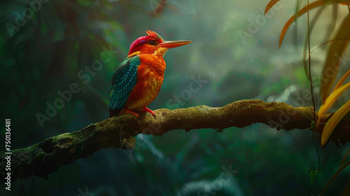 A colorful kingfisher perched on a branch, its vibrant plumage contrasting with a deep forest green background. photo