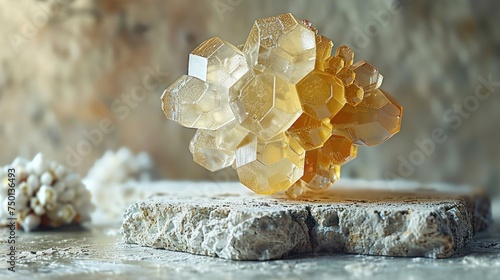 a cluster of yellow crystals sitting on top of a piece of rock next to a small white ball of popcorn. photo
