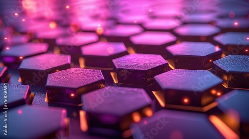 a close up of a bunch of purple hexagonals with lights in the middle of the hexagonals.
