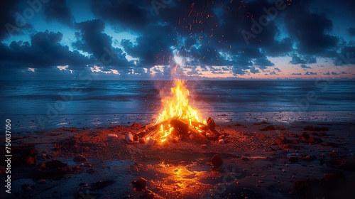 An atmospheric shot of a beach bonfire party, with flames dancing against a backdrop of starry skies and crashing waves. Ai generative.
