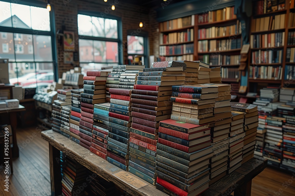 Books stacked and placed on a table at a bookstore. Ai generative Books stacked and placed on a table at a bookstore. Ai generative