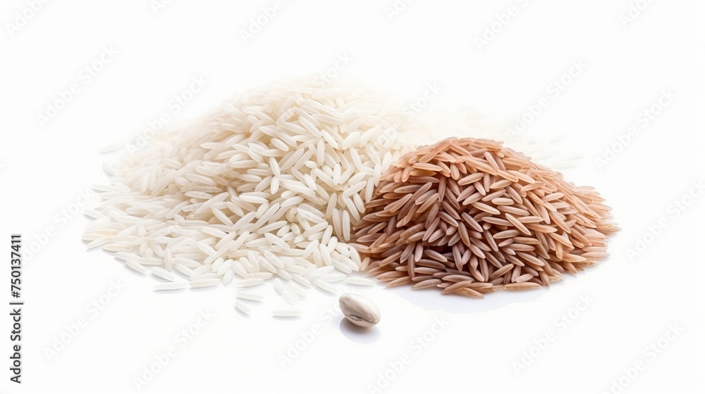 Rice and grain are depicted in a macro shot against a white background. Rice and grain are depicted in a macro shot against a white background.