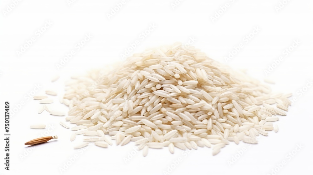 Rice and grain are depicted in a macro shot against a white background. Rice and grain are depicted in a macro shot against a white background.