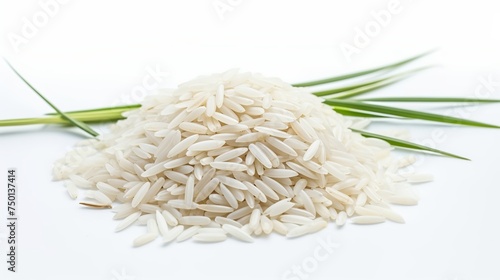 Rice and grain are depicted in a macro shot against a white background. photo