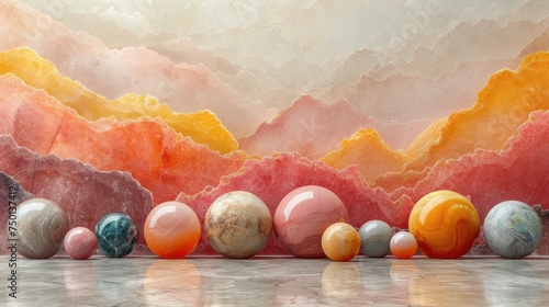 a group of marbles sitting on top of a table next to a painting of an orange, yellow, and red mountain. photo