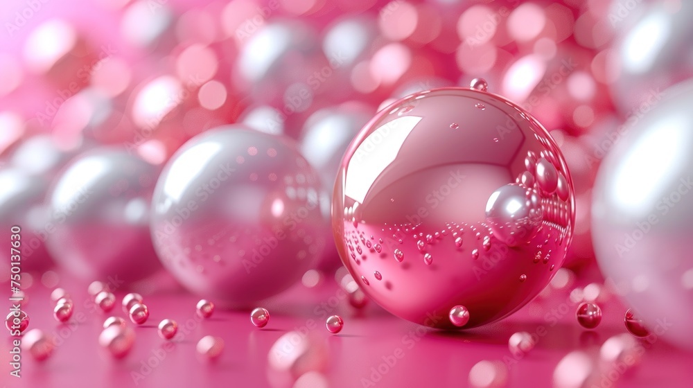 a group of pink and white balls sitting on top of a pink and white floor covered in drops of water.