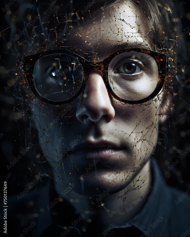 bespectacled man whose glasses serve as a macro lens reflecting the beauty of a global network bespectacled man whose glasses serve as a macro lens reflecting the beauty of a global network