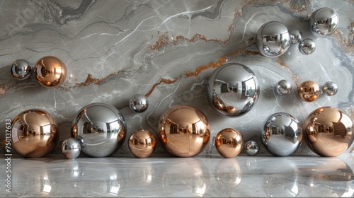 a group of shiny metal balls sitting on top of a white counter top next to a white and gold wall. photo