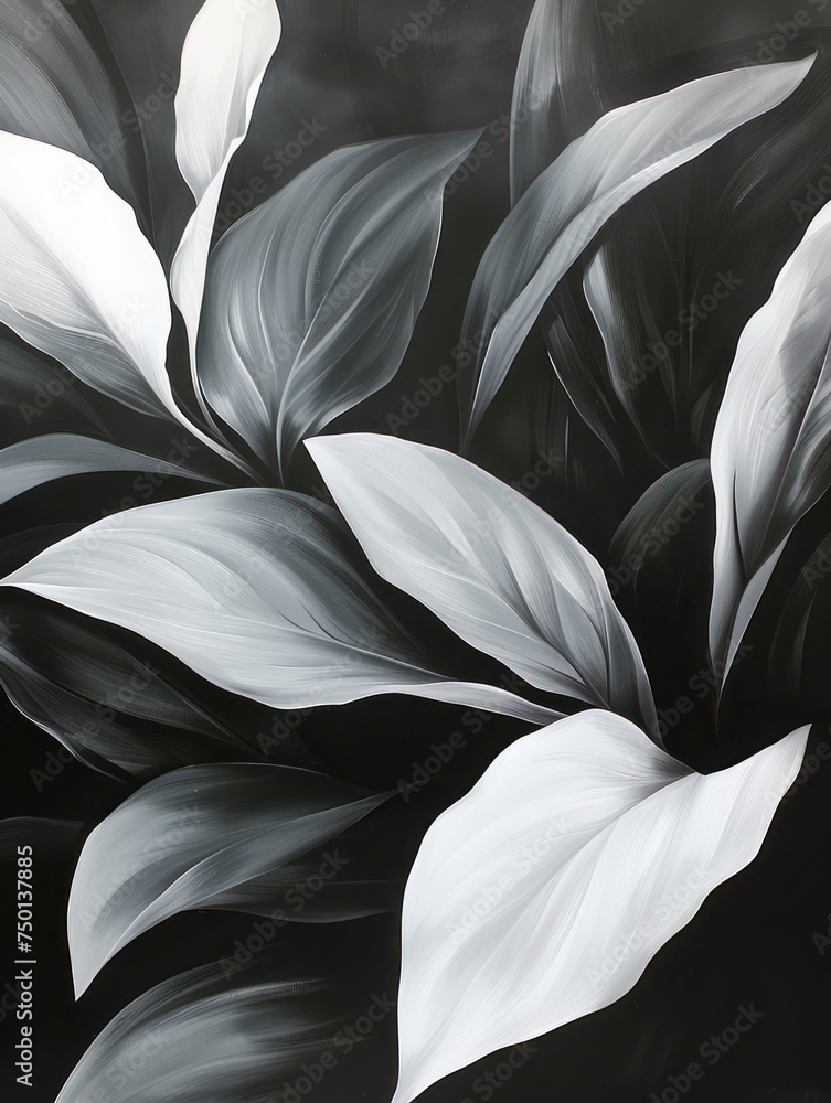 Abstract black and white painting of leaves on canvas, capturing the enigmatic tropics Abstract black and white painting of leaves on canvas, capturing the enigmatic tropics