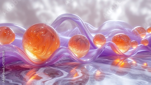 a group of orange balls sitting on top of a purple and white wave of liquid in a liquid filled body of water.