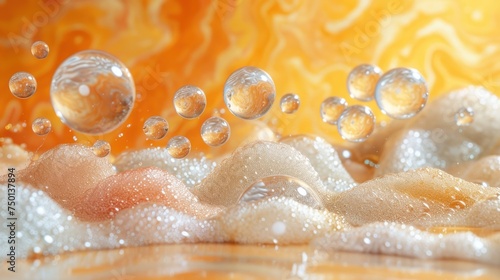 a group of bubbles floating on top of a pile of white foam in front of a yellow and orange background. photo