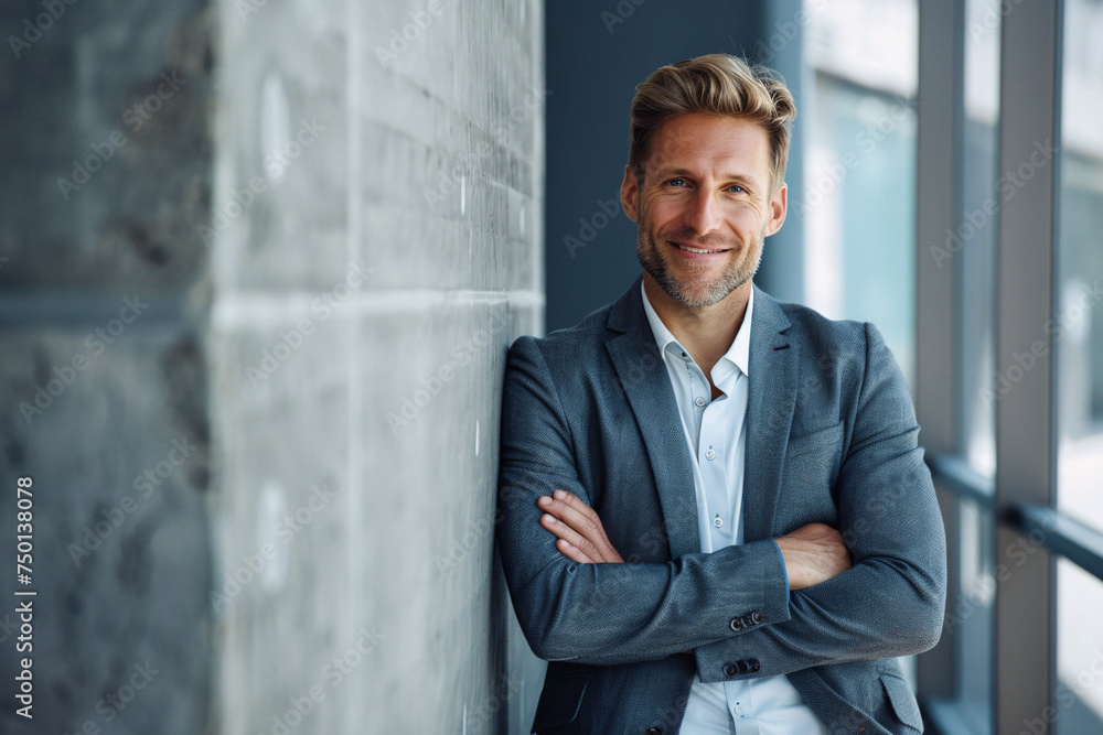Portrait of a young businessman in a smart business suit standing and leaning against a wall Portrait of a young businessman in a smart business suit standing and leaning against a wall