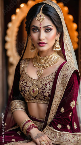 Maroon Majesty: Stunning Portrait of an Indian Bride in Rich Maroon Lehenga and Exquisite Jewelry, Generative AI.