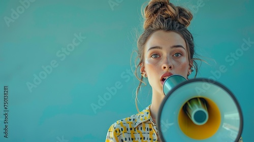 Megaphone, announcement and woman voice isolated on aquamarine background, banner and speaking, news or broadcast. Ai generative
