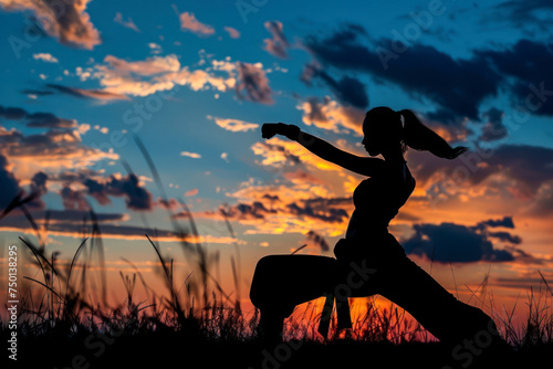 Warrior pose by woman in silhouette with sunset sky background.