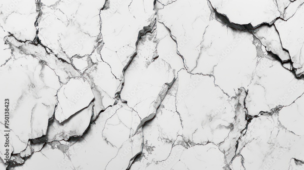 a close up of a white marble surface with cracks and cracks in the middle of the marble, with a black and white background. - obrazy, fototapety, plakaty 