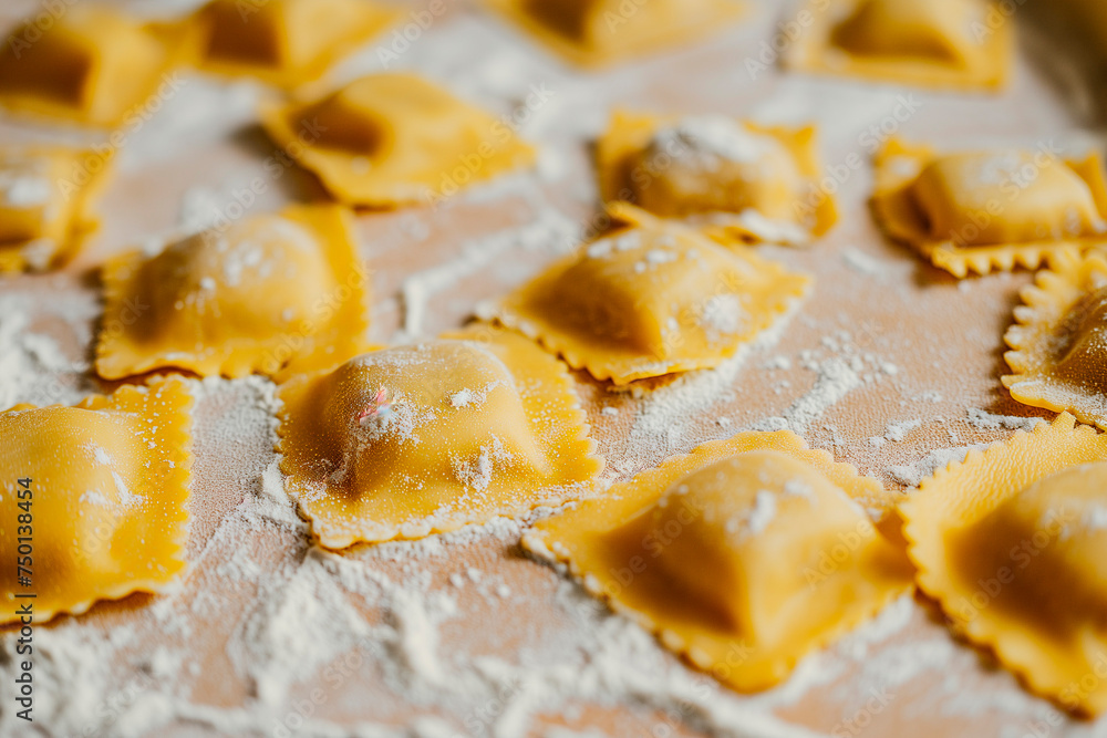 Homemade raw dumplings with meat on a cutting board on the table a floured kitchen table. Homemade raw dumplings with meat on a cutting board on the table a floured kitchen table.