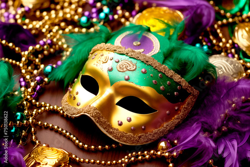 Carnival mask with colorful feathers and serpentine. Bright colors yellow, green, purple. Mardi Gras party background. © Vero