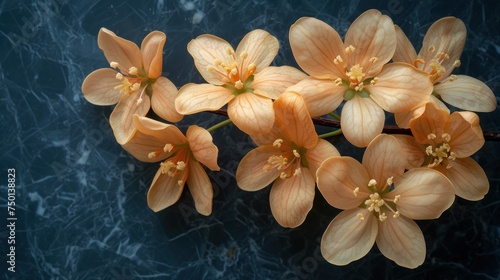 a bunch of orange flowers sitting on top of a dark blue surface with yellow stamens in the middle of the petals.