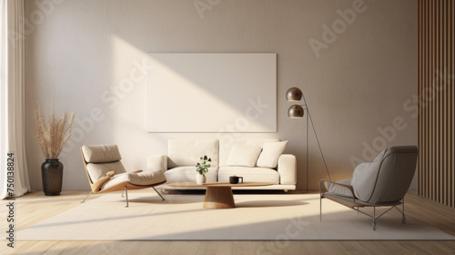 A modern living room with a white leather armchair, minimalistic wall art, and a grey and white rug