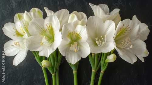a group of white flowers sitting next to each other on a black surface with a green stem in the middle.