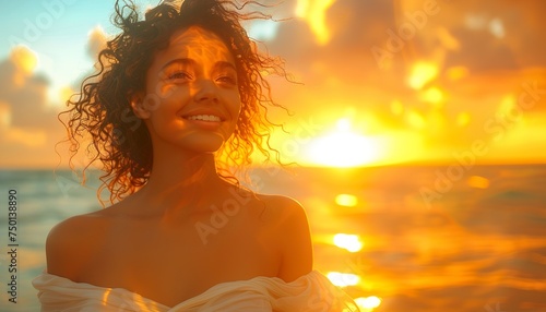 Beautiful brown woman on the beach with curly hair. She is smiling. Ai generative photo