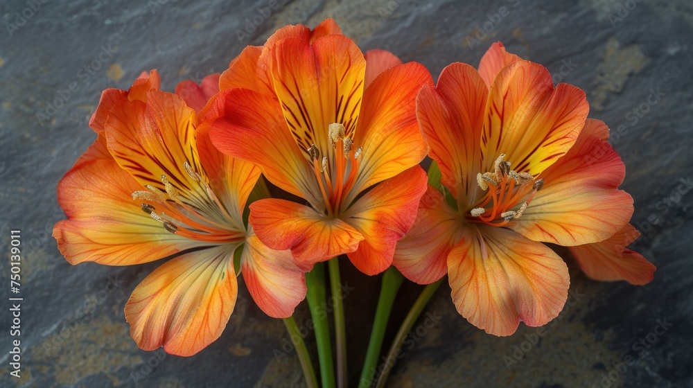 Obraz premium a group of orange flowers sitting on top of a stone floor in front of a black stone wall and a gray stone floor.