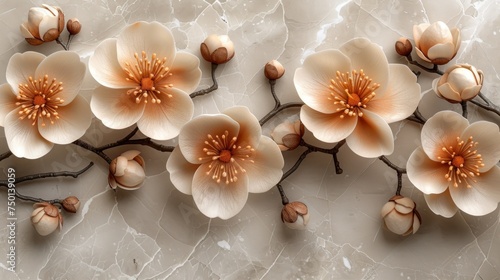 a close up of a bunch of flowers on a marble surface with leaves and flowers in the middle of the petals. © Sonya