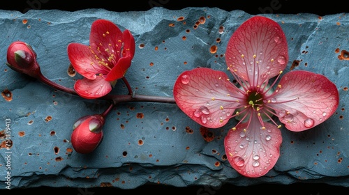 a close up of a flower on a rock with drops of water on the petals and in the middle of the petals. photo