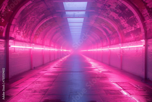 Neon-Lit Underground Passage Bathed in Pink Light During Evening Hours