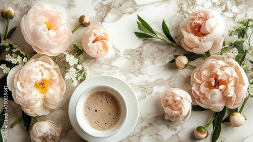 a cup of coffee sitting on top of a table next to a bunch of flowers on top of a marble counter. photo